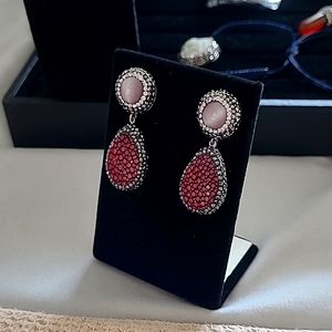 Genuine Stingray Leather & purple cats eye drop earrings Swarovski crystals 🔮